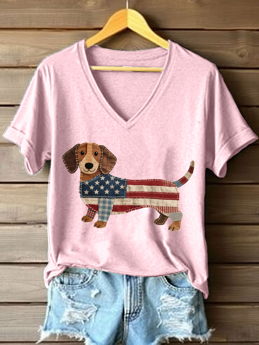 Women's Lovely Dachshund Patchwork Pattern V-Neck T-Shirt
