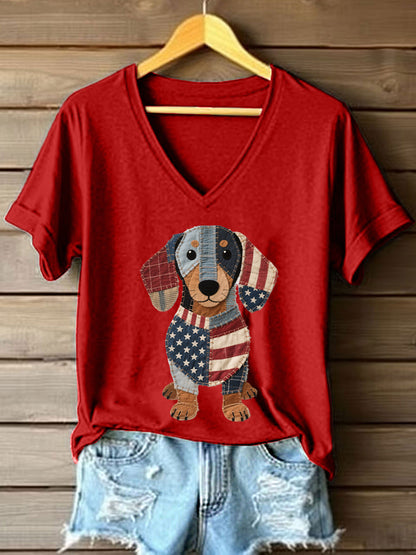 Women's Lovely Dachshund Patchwork Pattern V-Neck T-Shirt