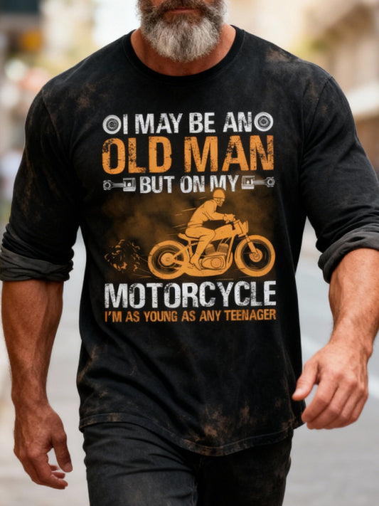 Retro Old Man Motorcycle Art Crew Neck T-Shirt