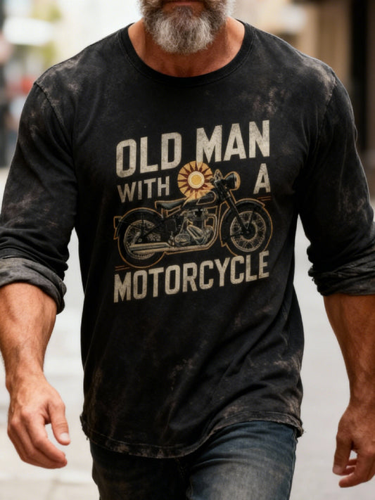 Retro Old Man Motorcycle Casual Art Crew Neck T-Shirt