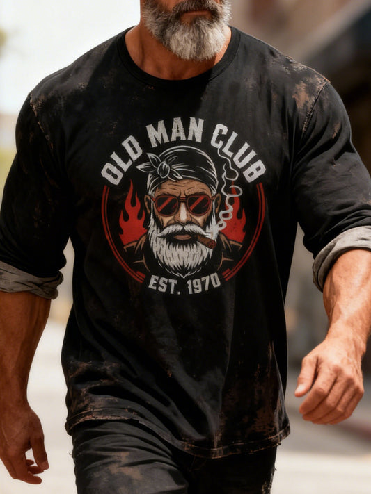 Retro Old Man Club Casual Art Crew Neck T-Shirt
