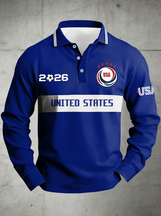Men's World Cup USA Printed Polo Collar Casual Long Sleeved Shirt