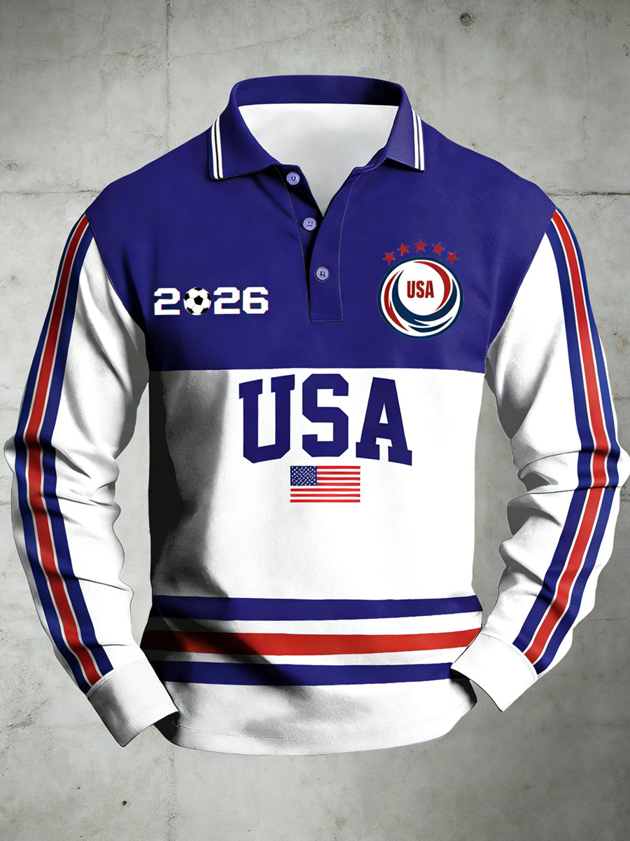 Men's USA Printed Polo Collar Casual Long Sleeved Shirt