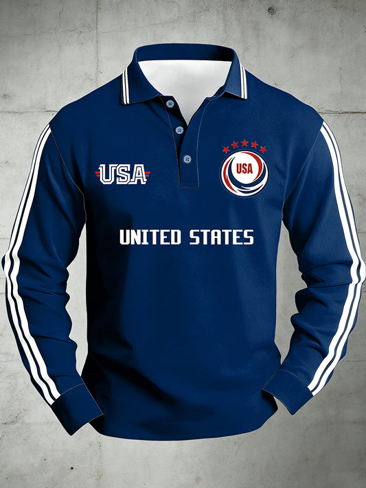 Men's World Cup USA Printed Polo Collar Casual Long Sleeved Shirt