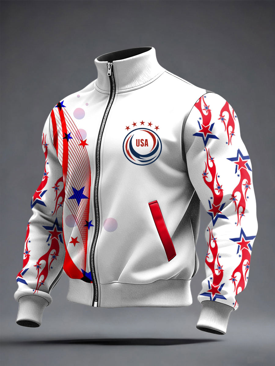 Men's USA Printed long Sleeved Zipper Stand Up Collar Jacket