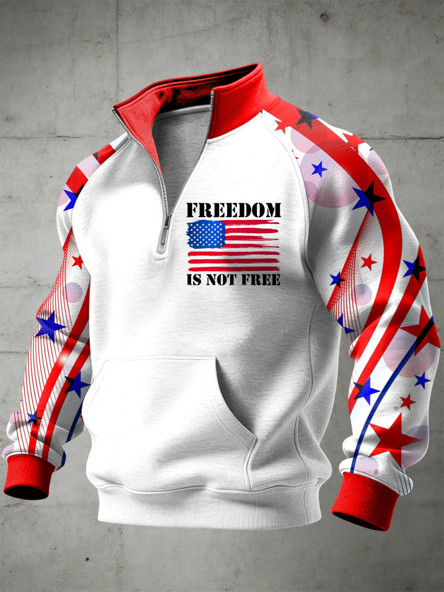 Men's American Freedom Printed Half Zip Stand Up Collar With Raglan Sleeves Sweatshirt