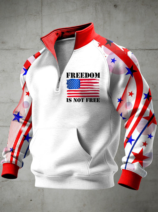 Men's American Freedom Printed Half Zip Stand Up Collar With Raglan Sleeves Sweatshirt