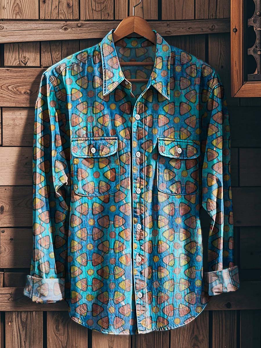 Blue-based Abstract Leaf Pattern Print Casual Long-Sleeve Shirt