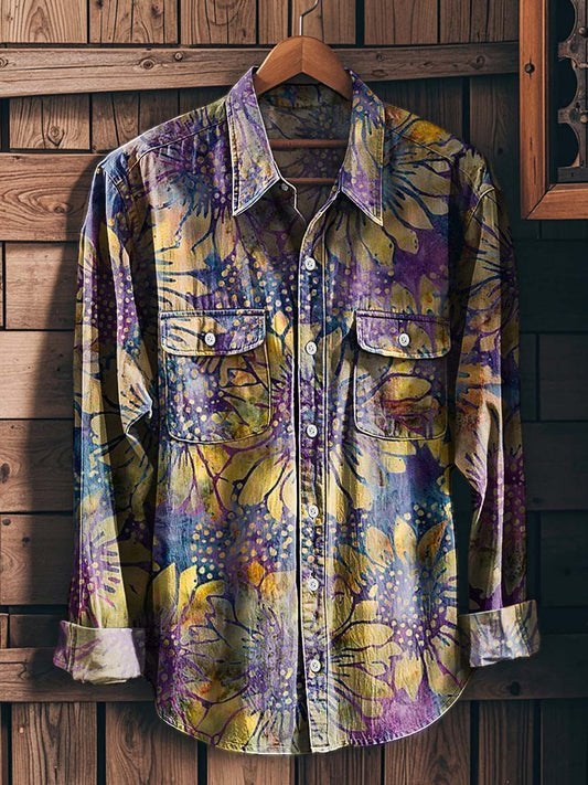 Purple and Yellow Floral Print Casual Long-Sleeve Shirt