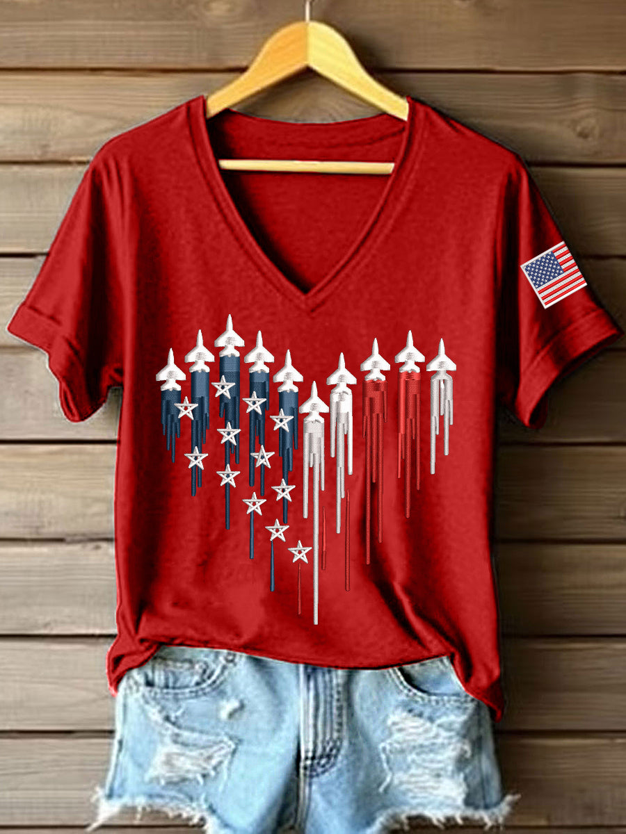 Women's Anniversary Embroidery Pattern V-Neck T-Shirt