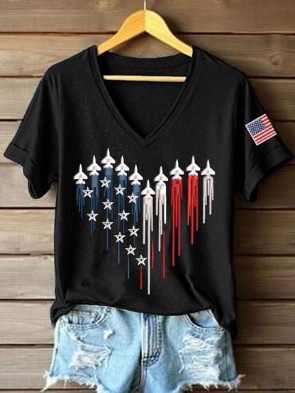 Women's Anniversary Embroidery Pattern V-Neck T-Shirt