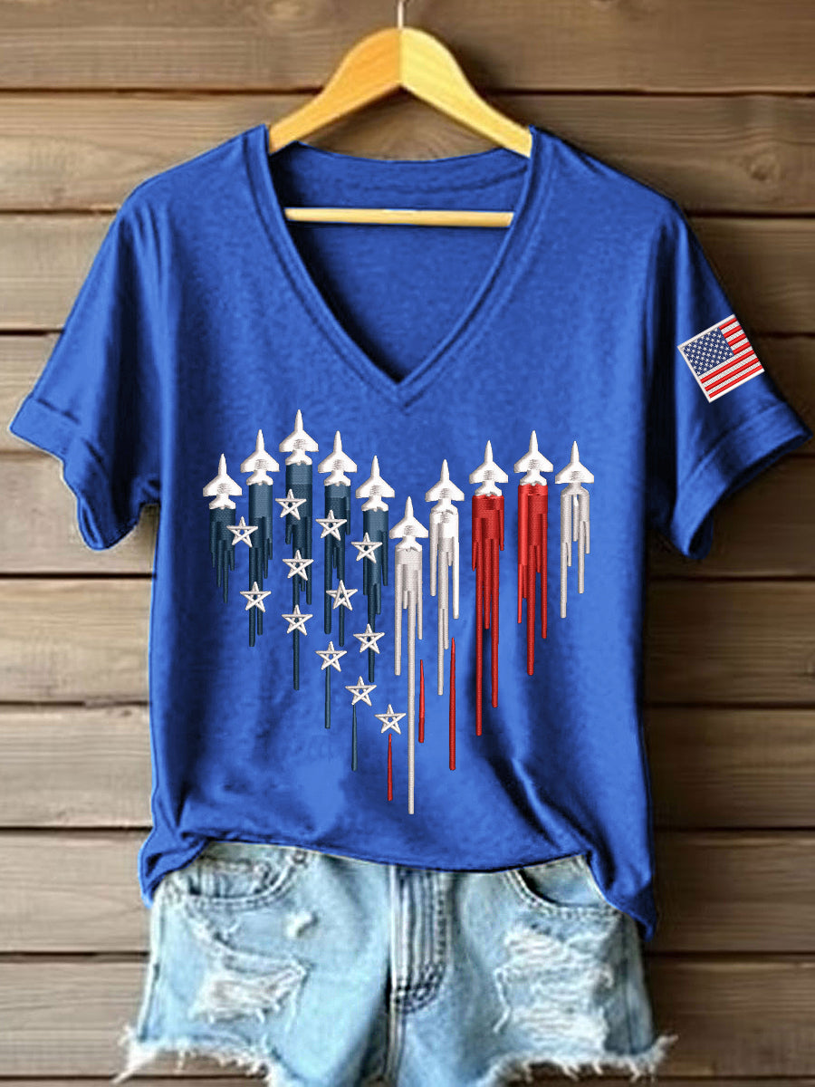 Women's Anniversary Embroidery Pattern V-Neck T-Shirt