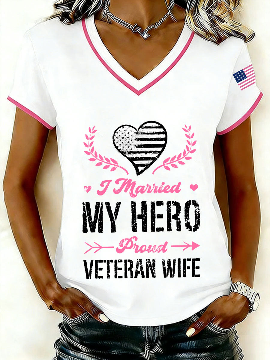 Women's I married my hero proud veteran wife V-neck T-shirts