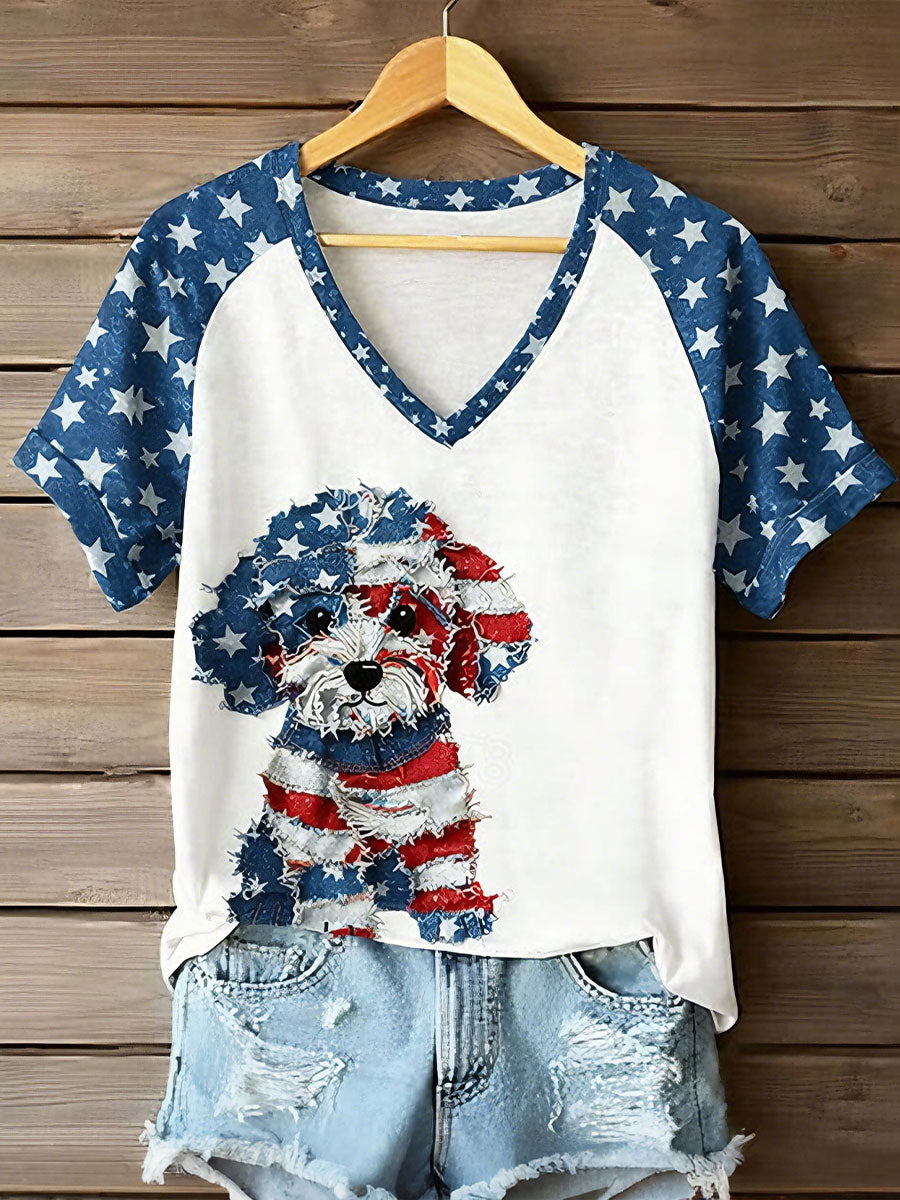 Women's American Flag Dog V-Neck T-Shirts