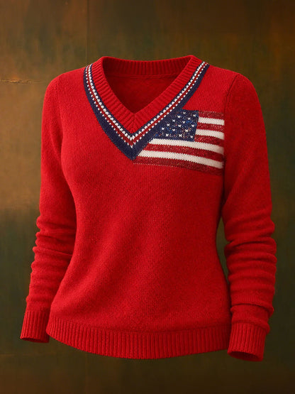 Women's American Flag Casual V-Neck Tops