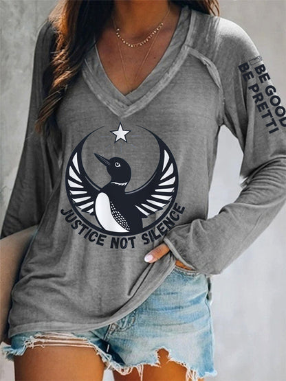 Women's Justice Not Silence Be Good Be Pretti Anti ICE V-Neck Long-Sleeve T-Shirt