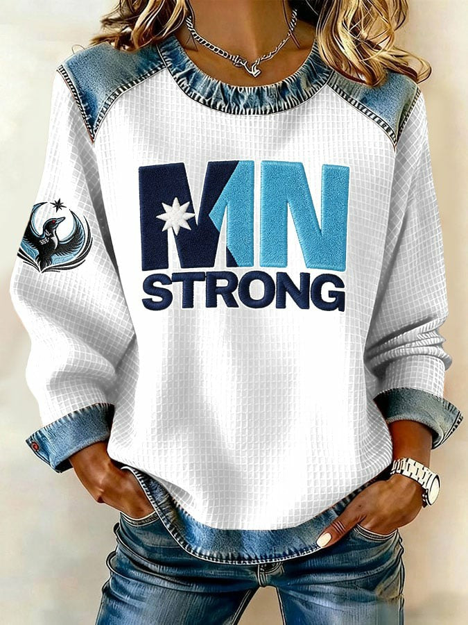 Women's Minnesota Strong Printed Denim Patchwork Top