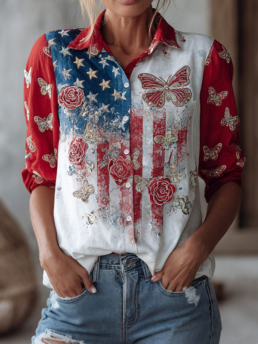 Women's American Flag Floral Butterfly Casual Shirts