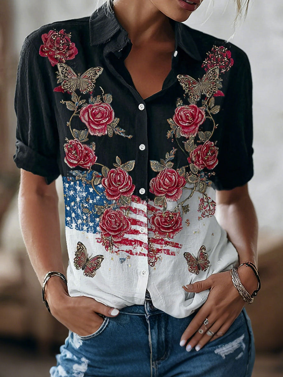 Women's American Flag Floral Casual Shirts