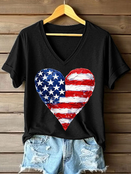 Women's American Heart Print V-Neck T-Shirt