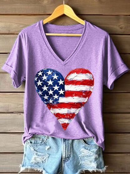 Women's American Heart Print V-Neck T-Shirt