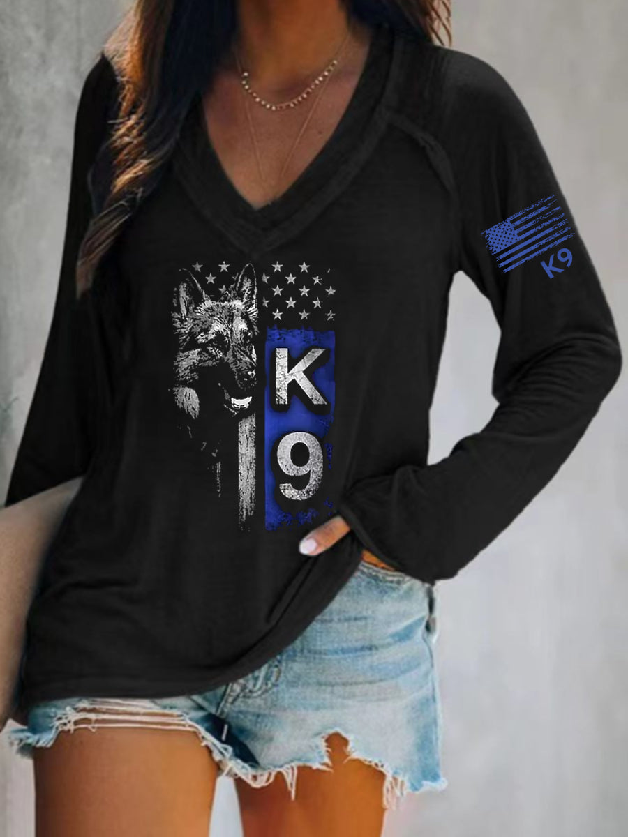 Women's K-9 Veterans Day Faux Cotton V-Neck T-Shirt