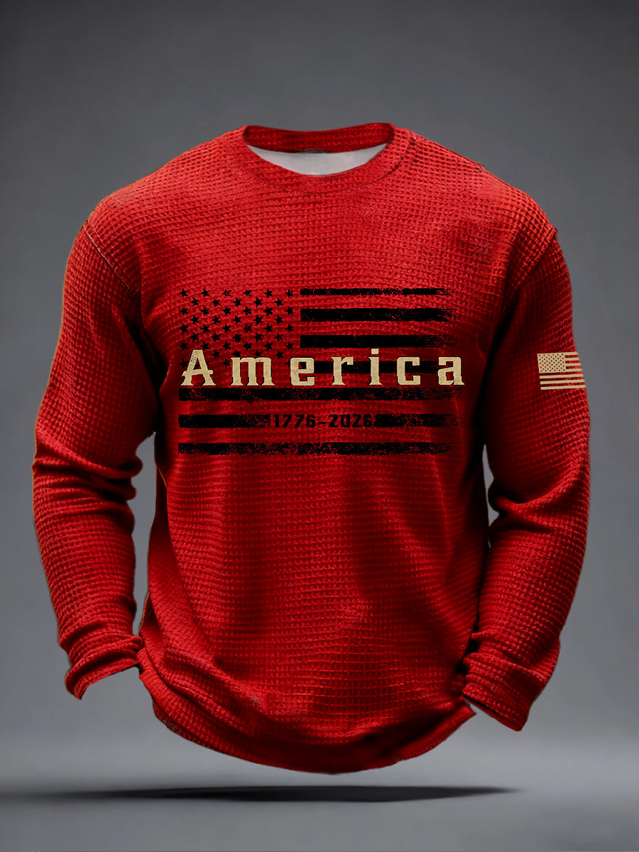 Men's America Flag Print Waffle Long Sleeve T-Shirt
