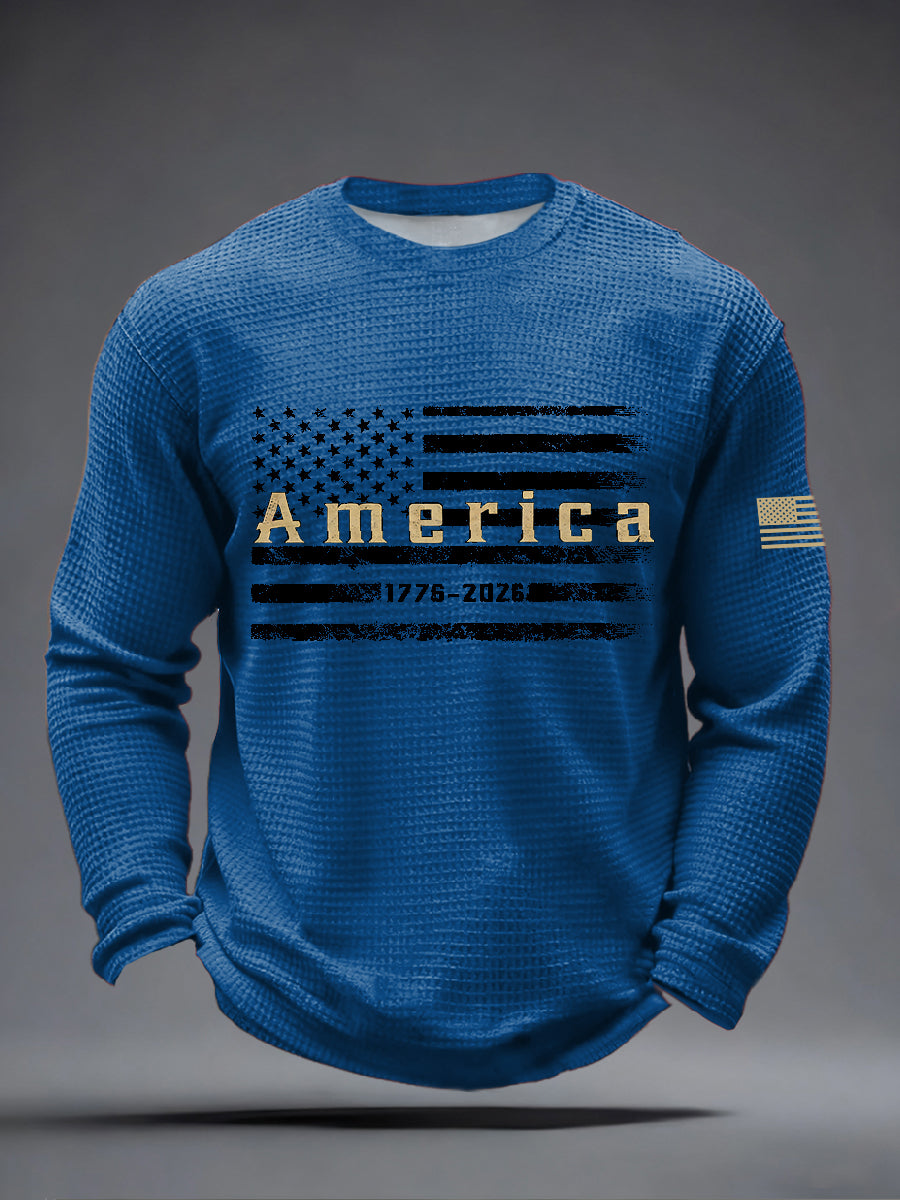 Men's America Flag Print Waffle Long Sleeve T-Shirt