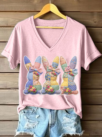 Women's Cute Bunny Patchwork Pattern T-Shirt