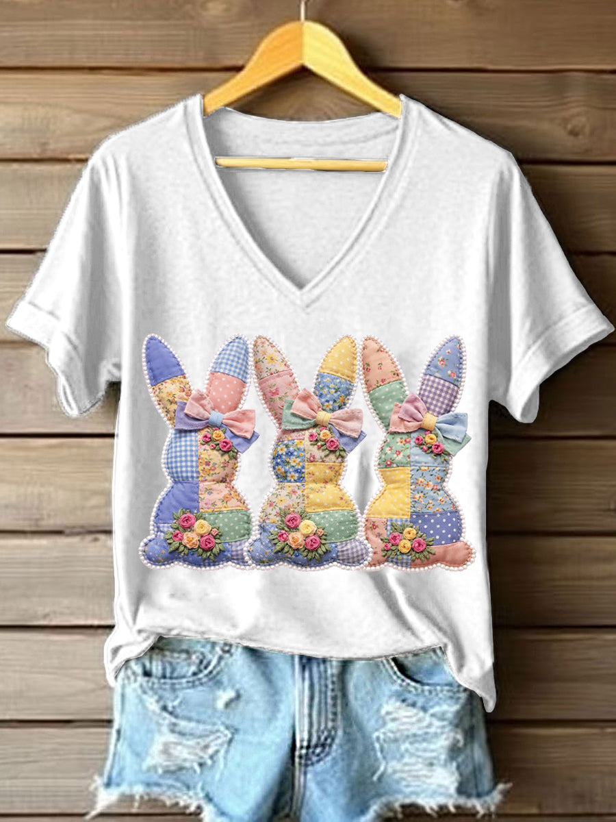 Women's Cute Bunny Patchwork Pattern T-Shirt