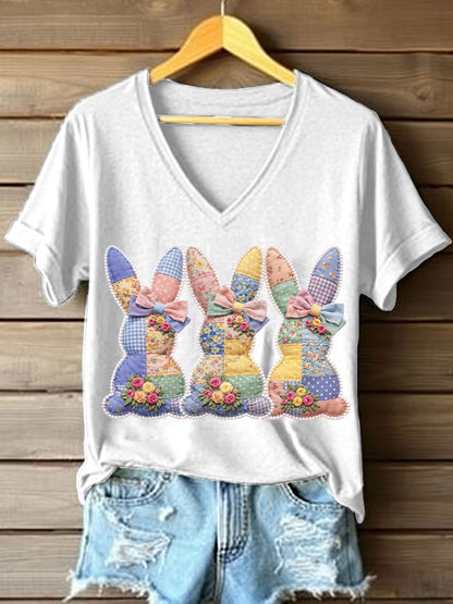 Women's Cute Bunny Patchwork Pattern T-Shirt