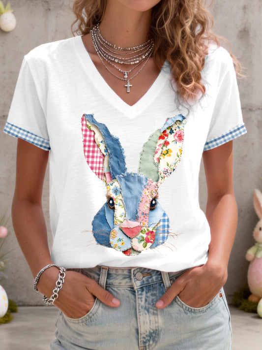 Women's Cute Bunny Patchwork Pattern V-Neck T-Shirt