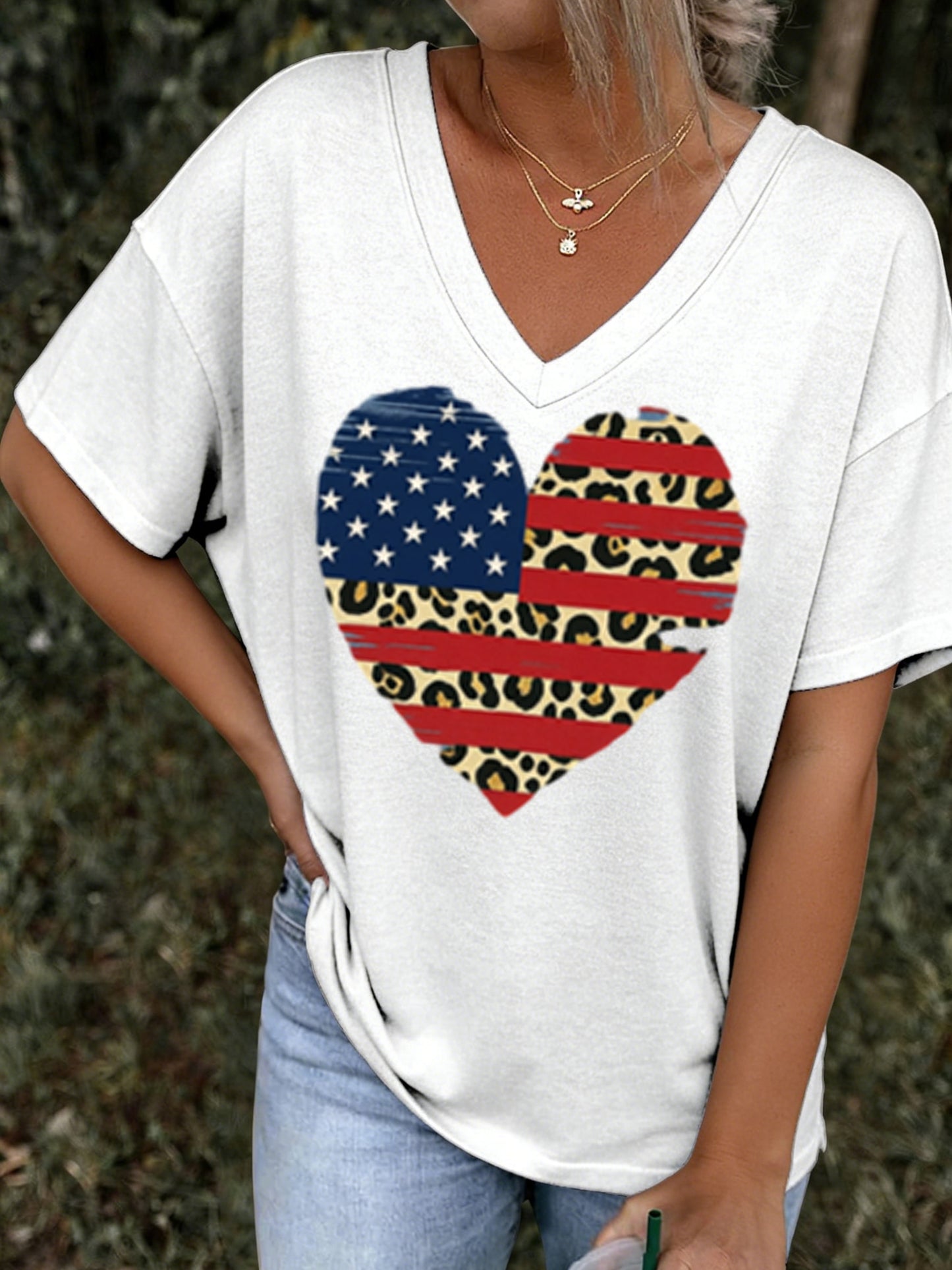 Retro American Flag Independence Day Printed V-Neck Short-Sleeve T-Shirt