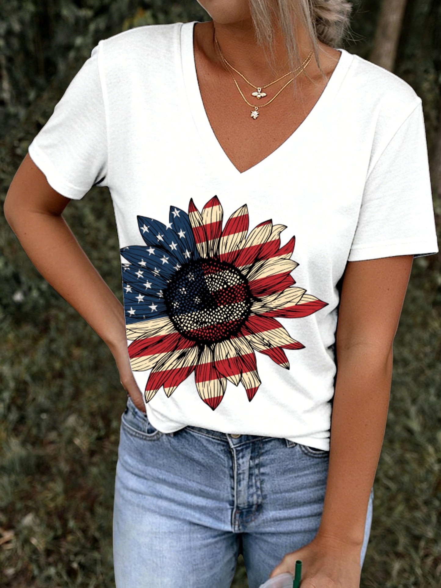 Retro American Flag Independence Day Printed V-Neck Short-Sleeve T-Shirt