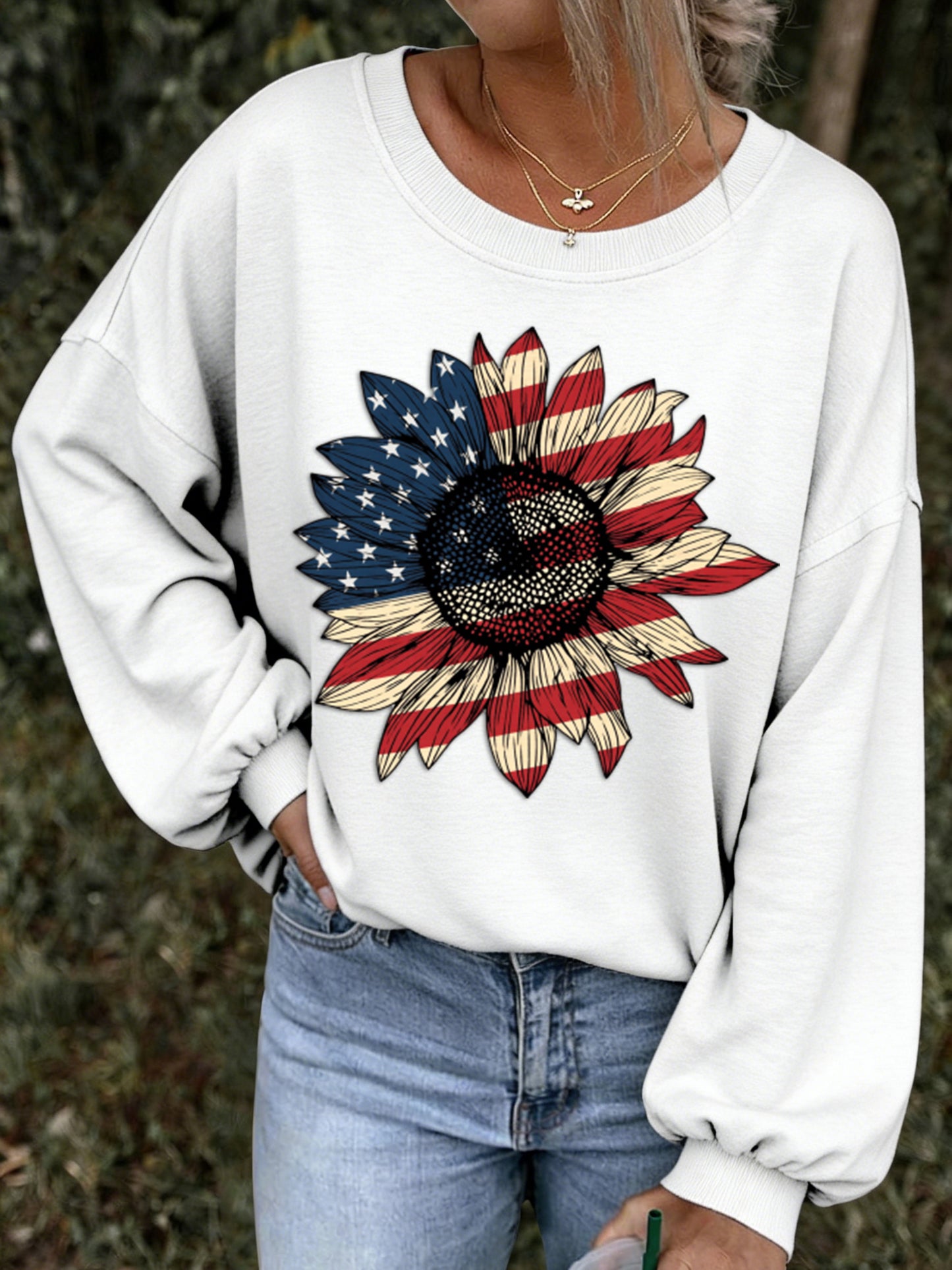 Retro USA Flag Independence Day Printed Long-Sleeve Sweatshirt