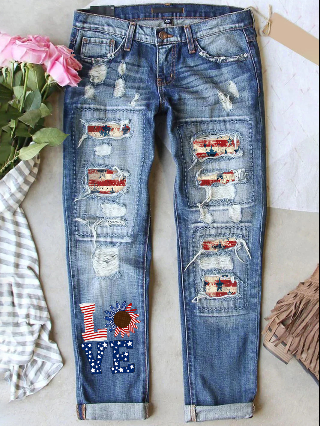 Retro USA Independence Day Denim Patch Printed Denim Pants
