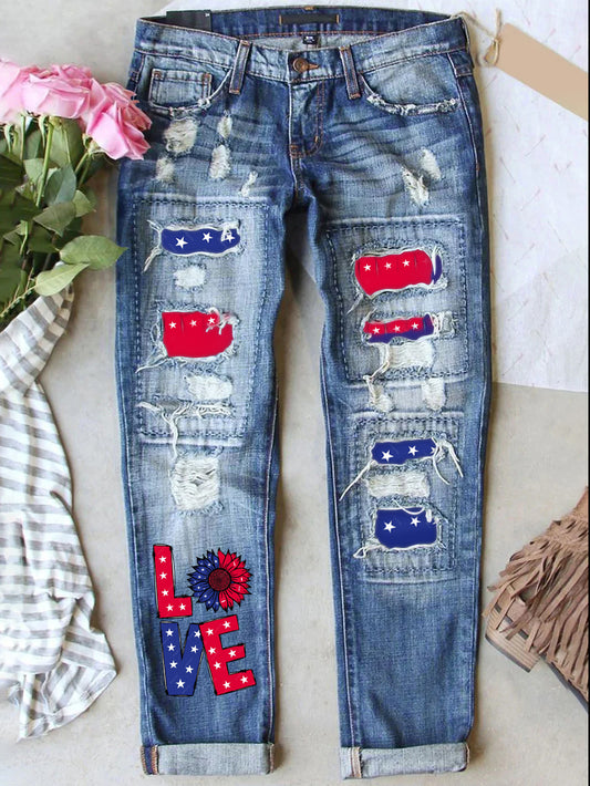 Retro USA Independence Day Denim Patch Printed Denim Pants