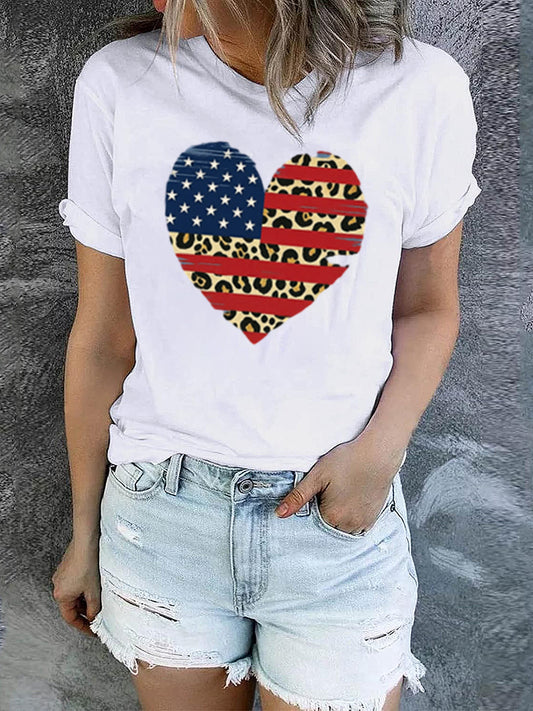 Retro American Flag Independence Day Printed Crew Neck Short Sleeve T-Shirt