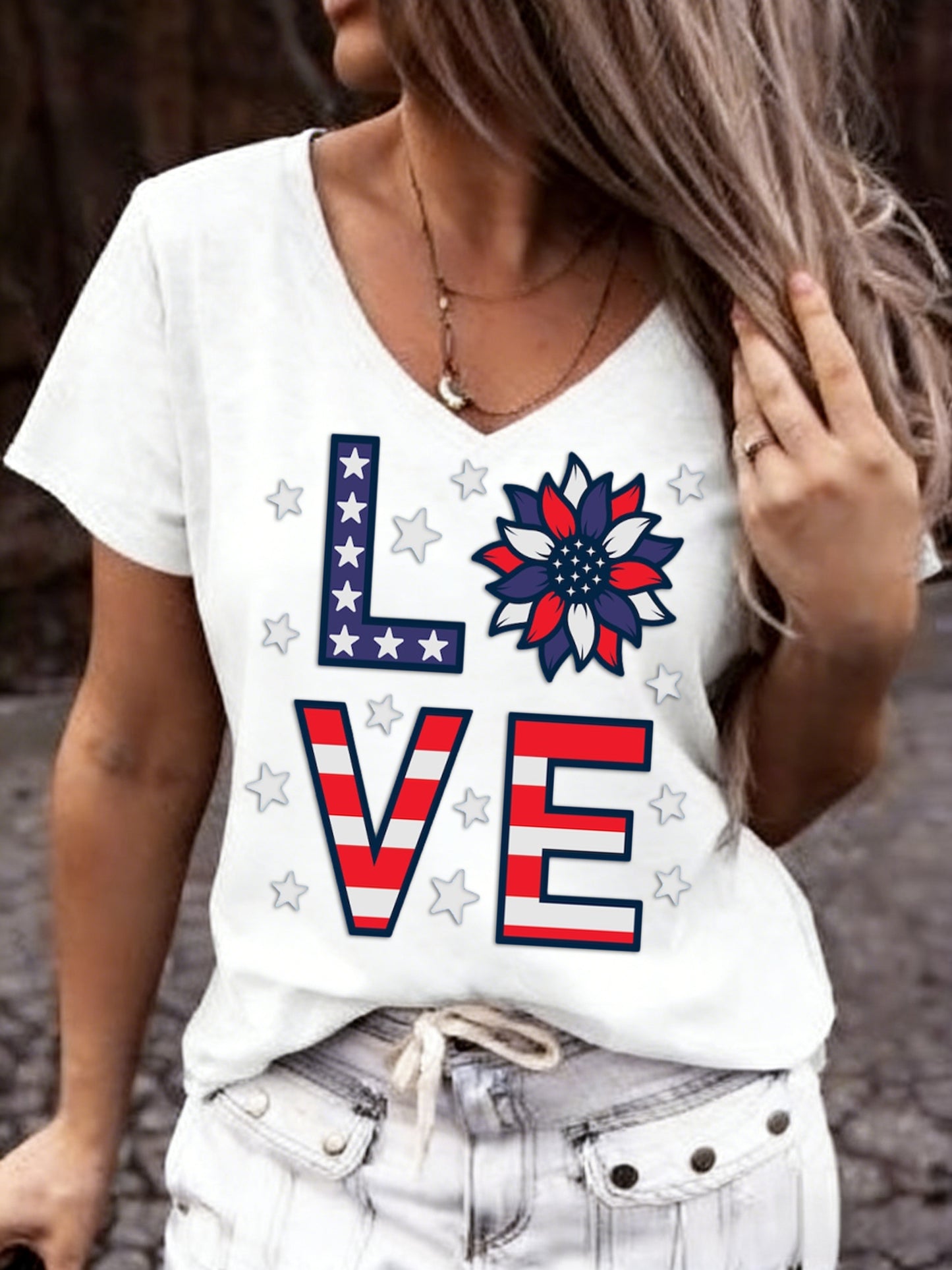 Retro American Flag Independence Day Printed V-Neck Short-Sleeve T-Shirt