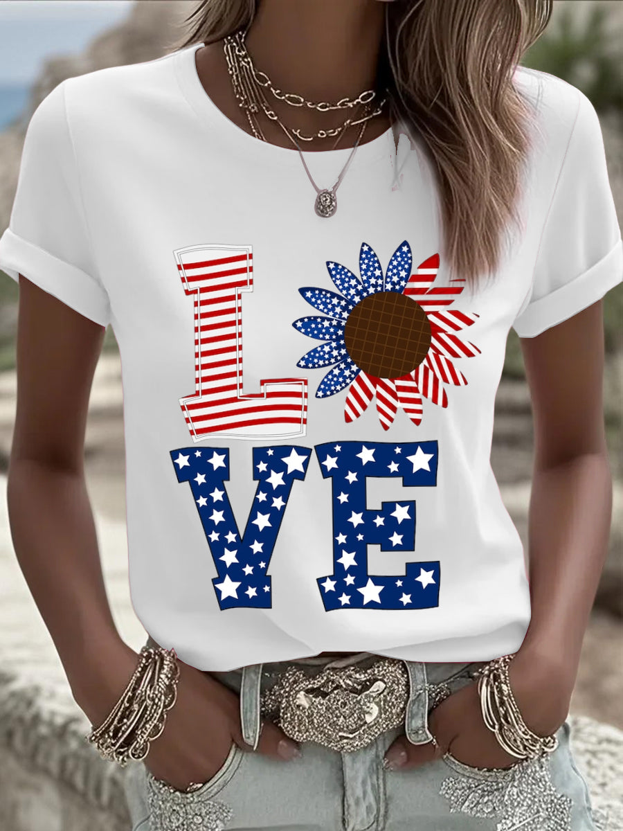 Retro American Flag Independence Day Printed Crew Neck Short Sleeve T-Shirt