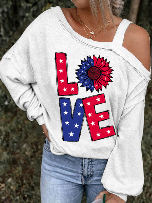 Retro USA Flag Independence Day Printed Long-Sleeve Top