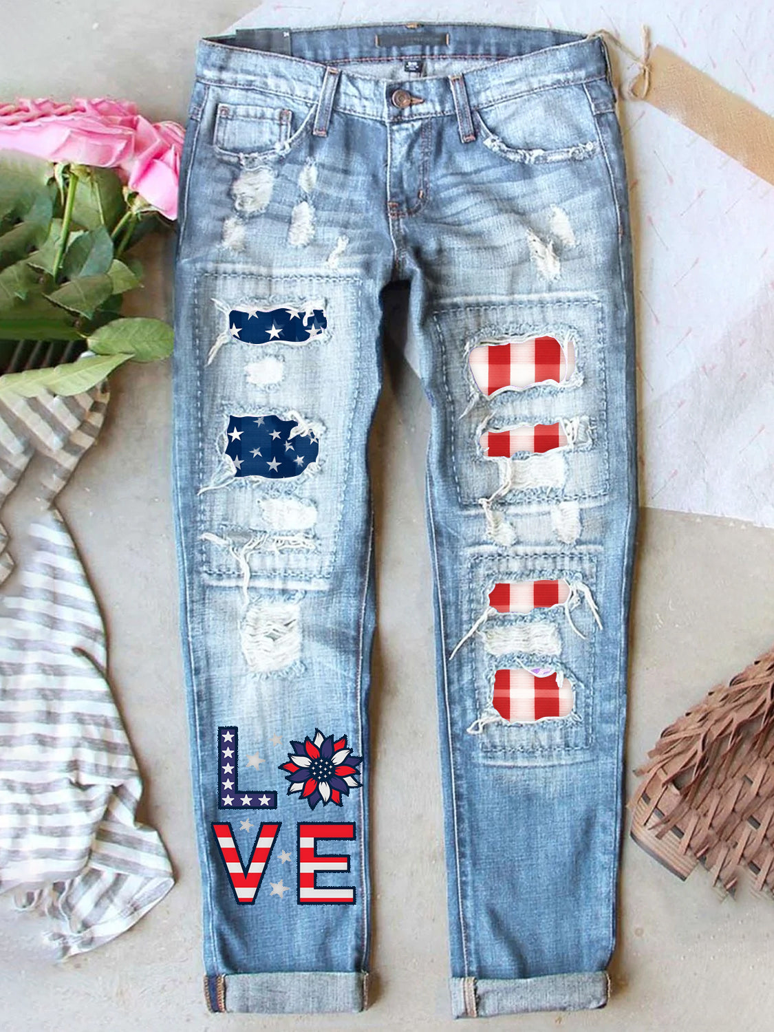 Retro USA Independence Day Denim Patch Printed Denim Pants