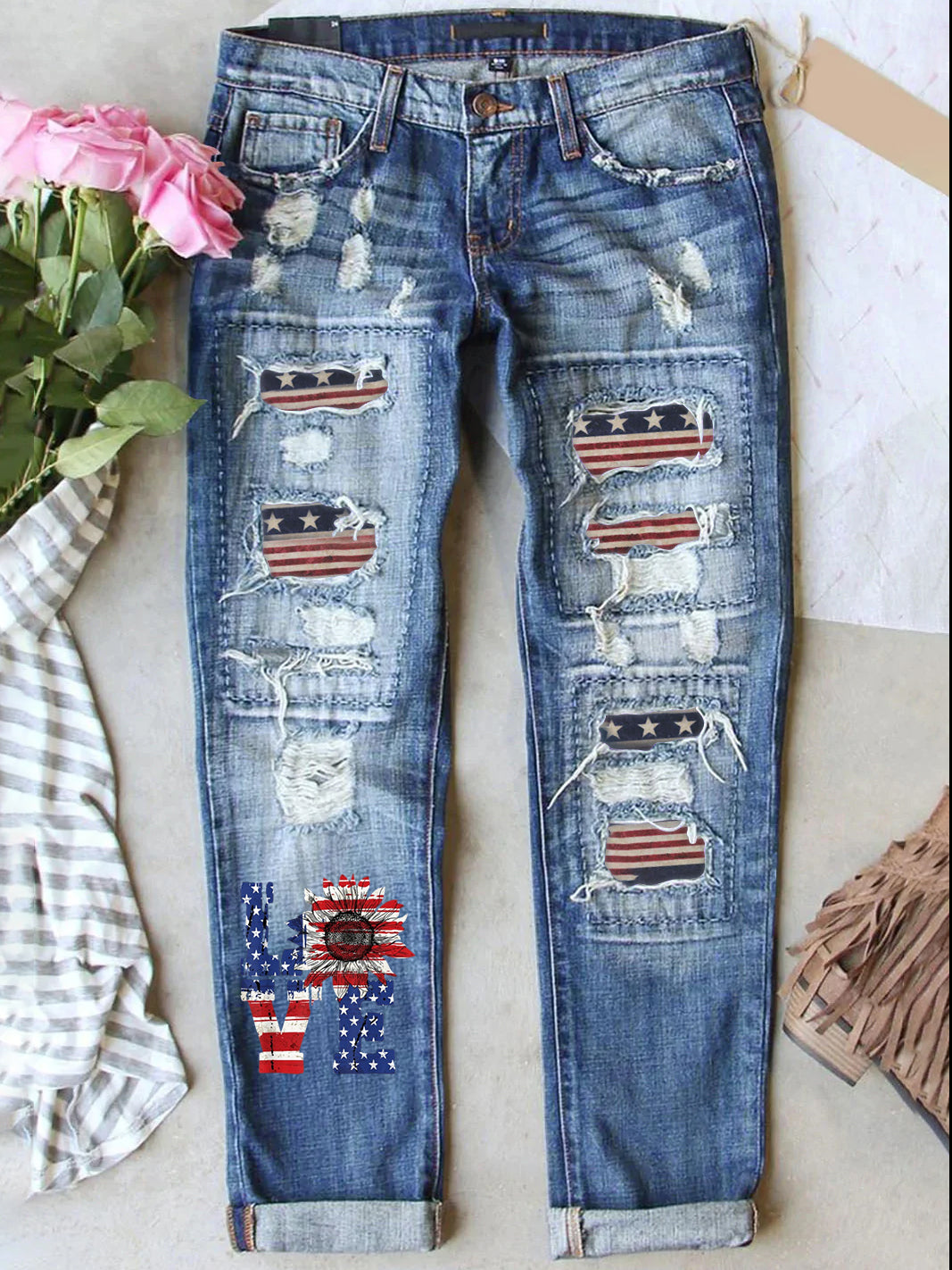 Retro USA Independence Day Denim Patch Printed Denim Pants