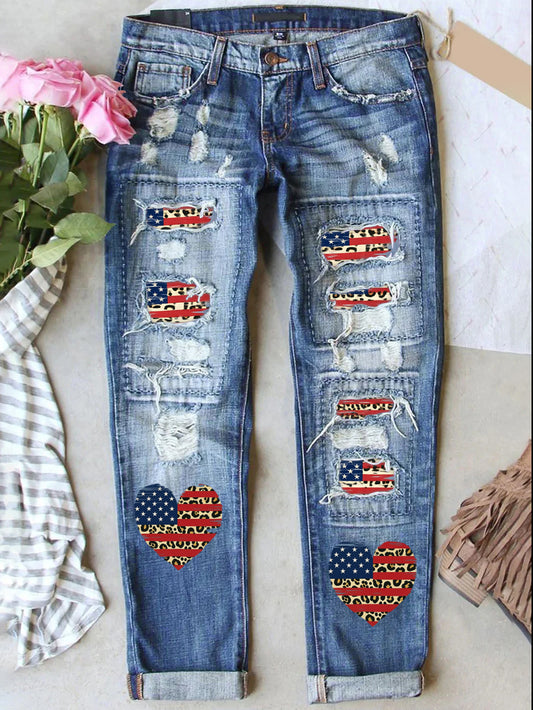 Retro USA Independence Day Denim Patch Printed Denim Pants