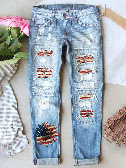 Retro USA Independence Day Denim Patch Printed Denim Pants
