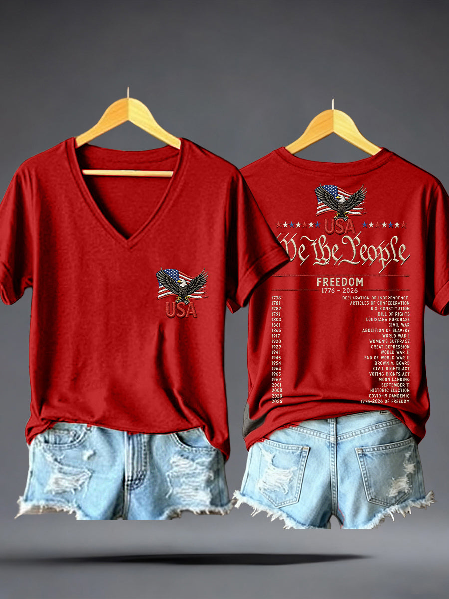 Women's USA 1776-2026 Print V-Neck T-Shirt