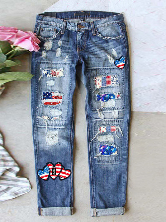 Women's Retro American Independence Day Ripped Denim Pants