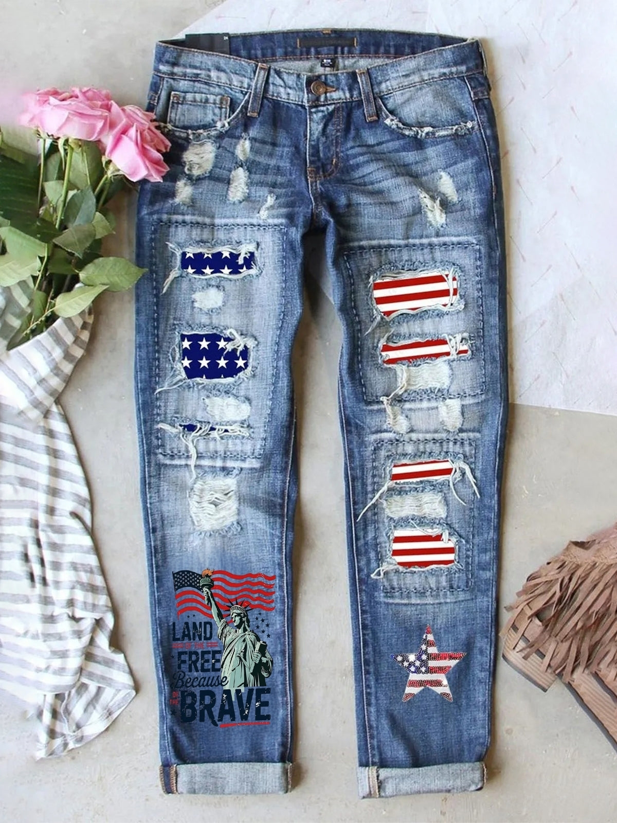 Women's Retro American Independence Day Ripped Denim Pants