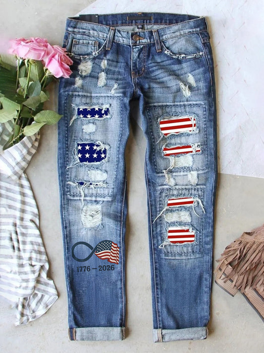 Women's Retro American Independence Day Ripped Denim Pants