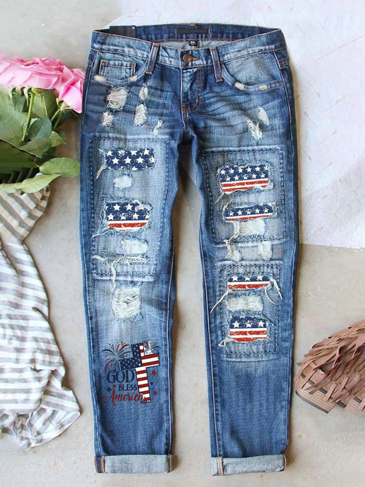 Women's Retro American Independence Day Ripped Denim Pants